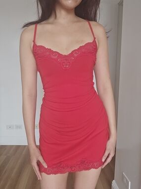 Savage X Fenty Red Lace-Trim Spaghetti Strap Chemise